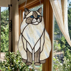 Stained glass Balinese cat suncatcher, fluffy white and brown cat gift.