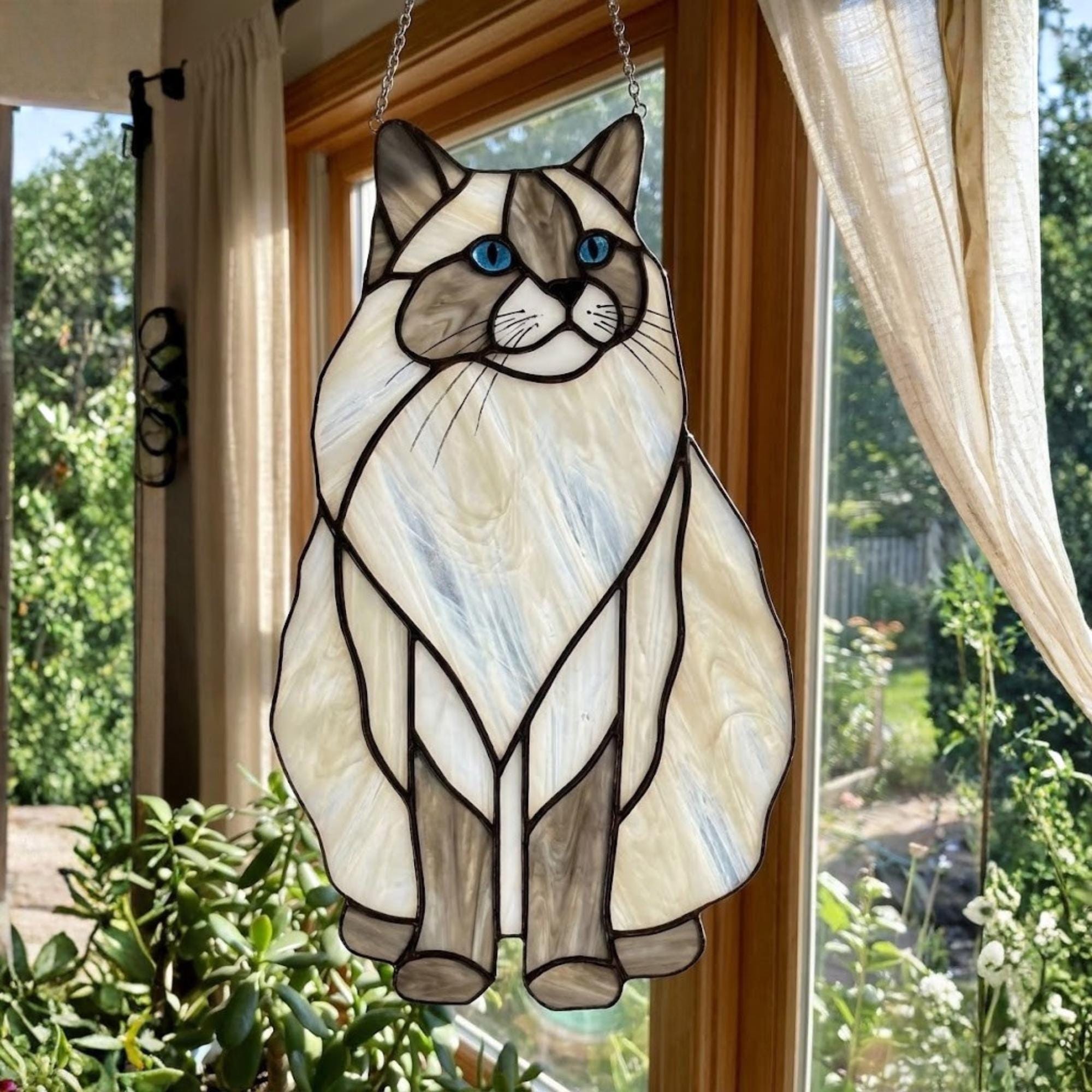 Stained glass Balinese cat suncatcher, fluffy white and brown cat gift.