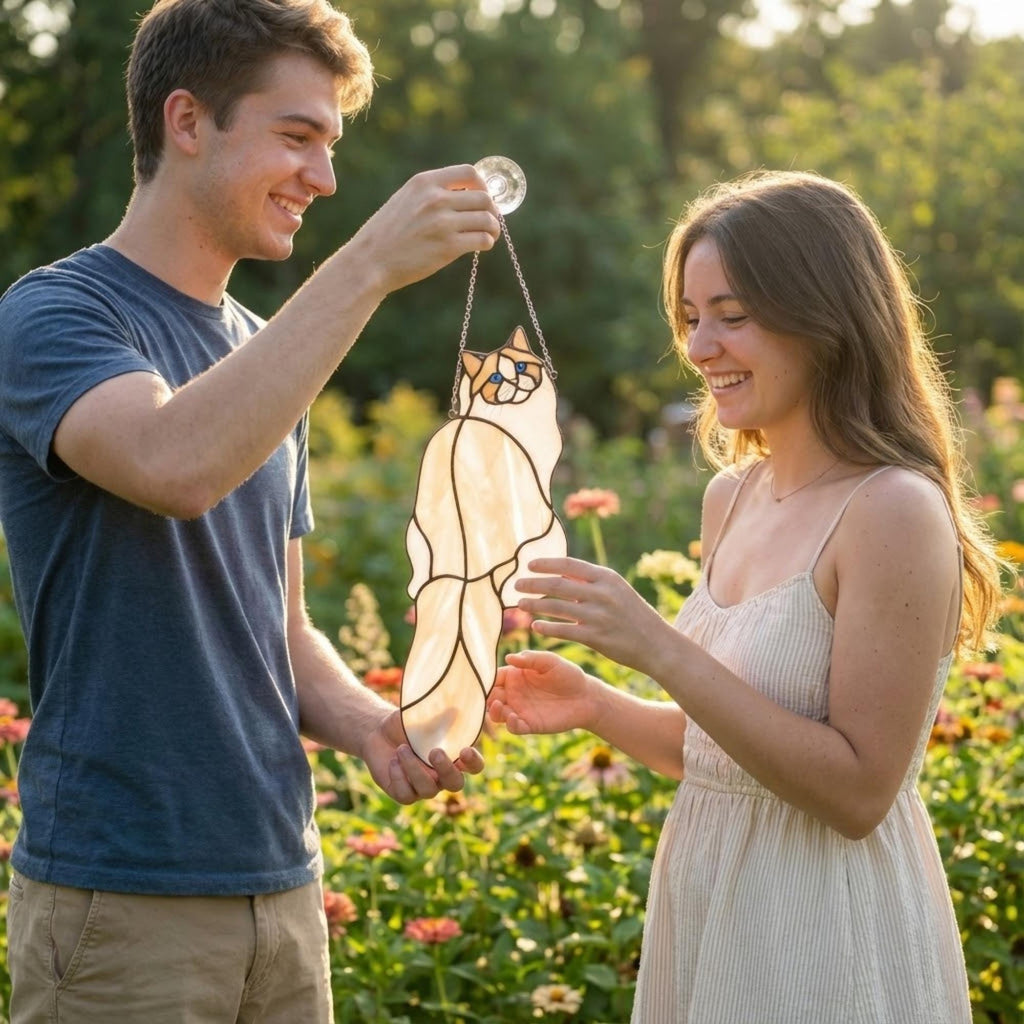 Couple holding a custom pet portrait stained glass gift, romantic present for cat lovers.