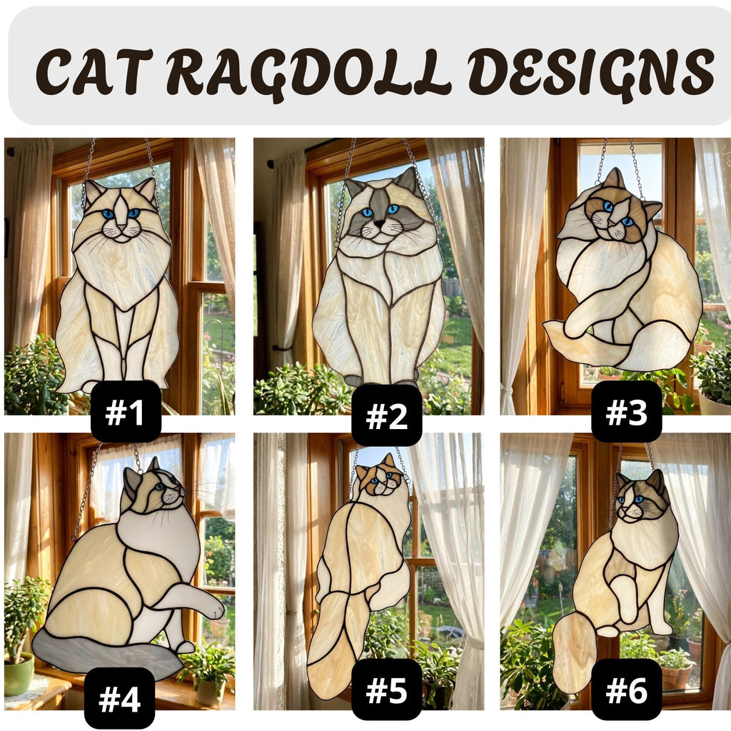 Catalog of stained glass cat designs, sitting and playful poses for Ragdoll and Himalayan cats.