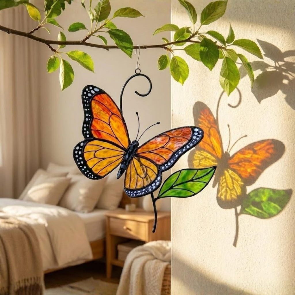 Stained glass monarch butterfly suncatcher, orange and black window hanging, nature lover gift, memorial ornament decor.