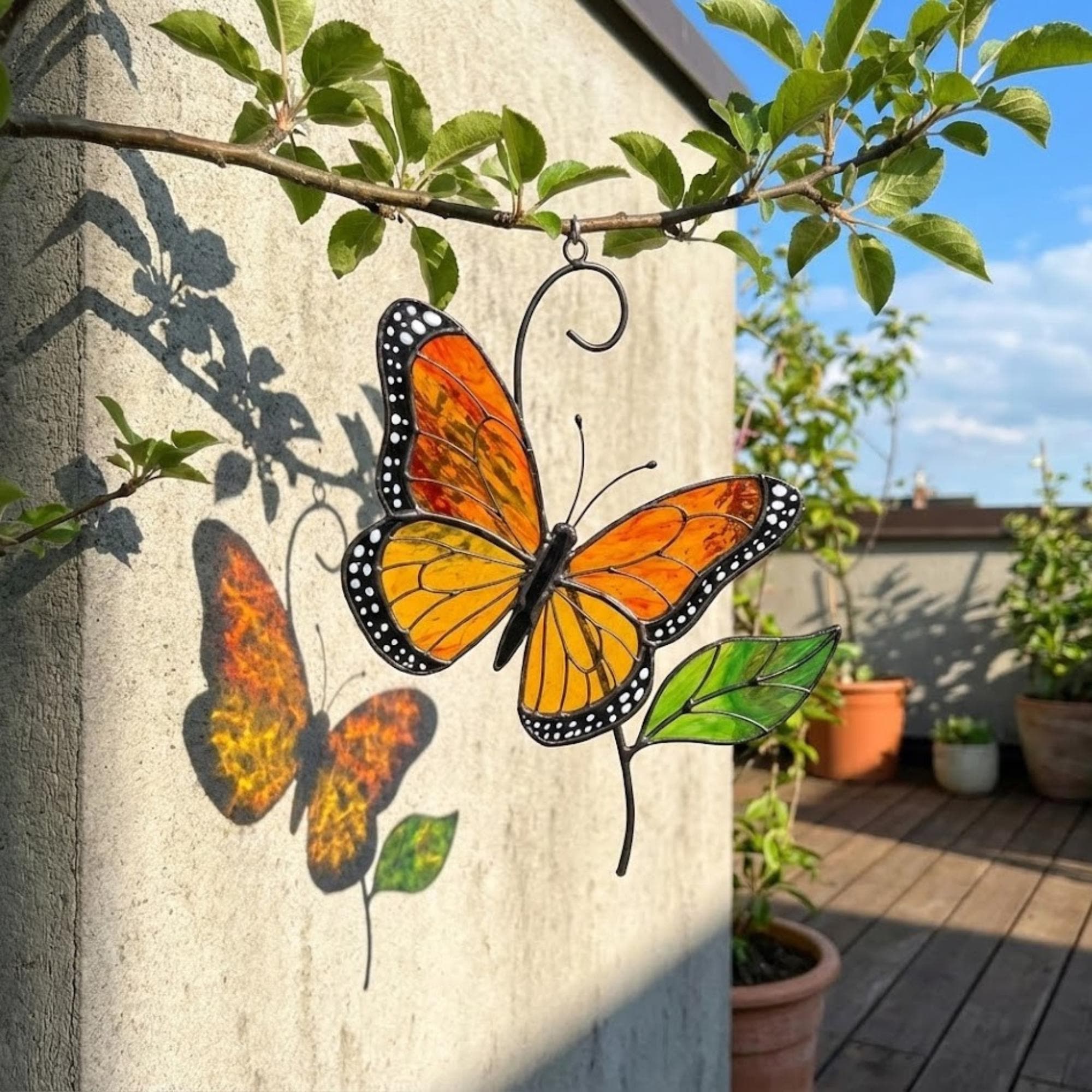 Stained glass monarch butterfly suncatcher, orange and black window hanging, nature lover gift, memorial ornament decor.