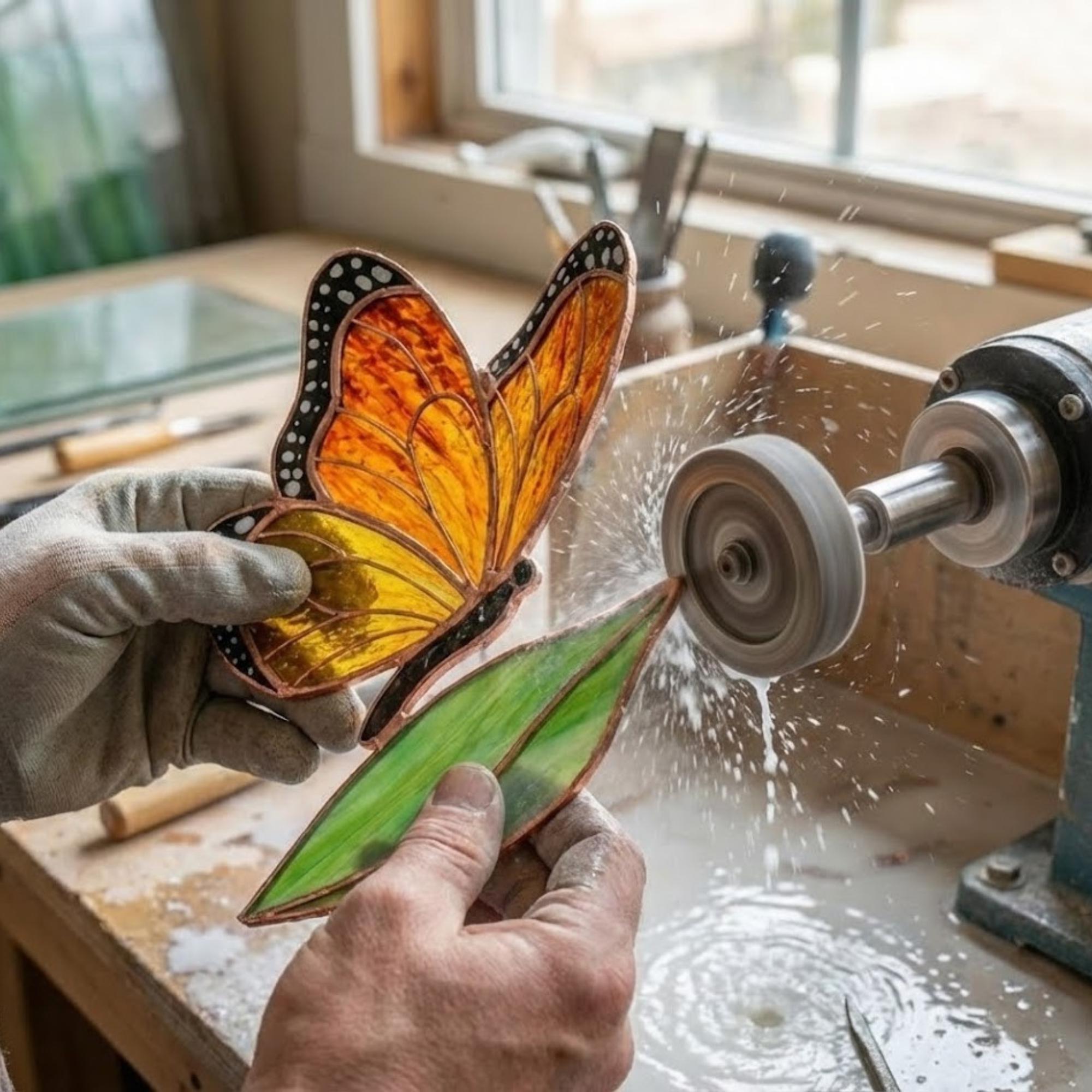 Stained glass monarch butterfly suncatcher, orange and black window hanging, nature lover gift, memorial ornament decor.
