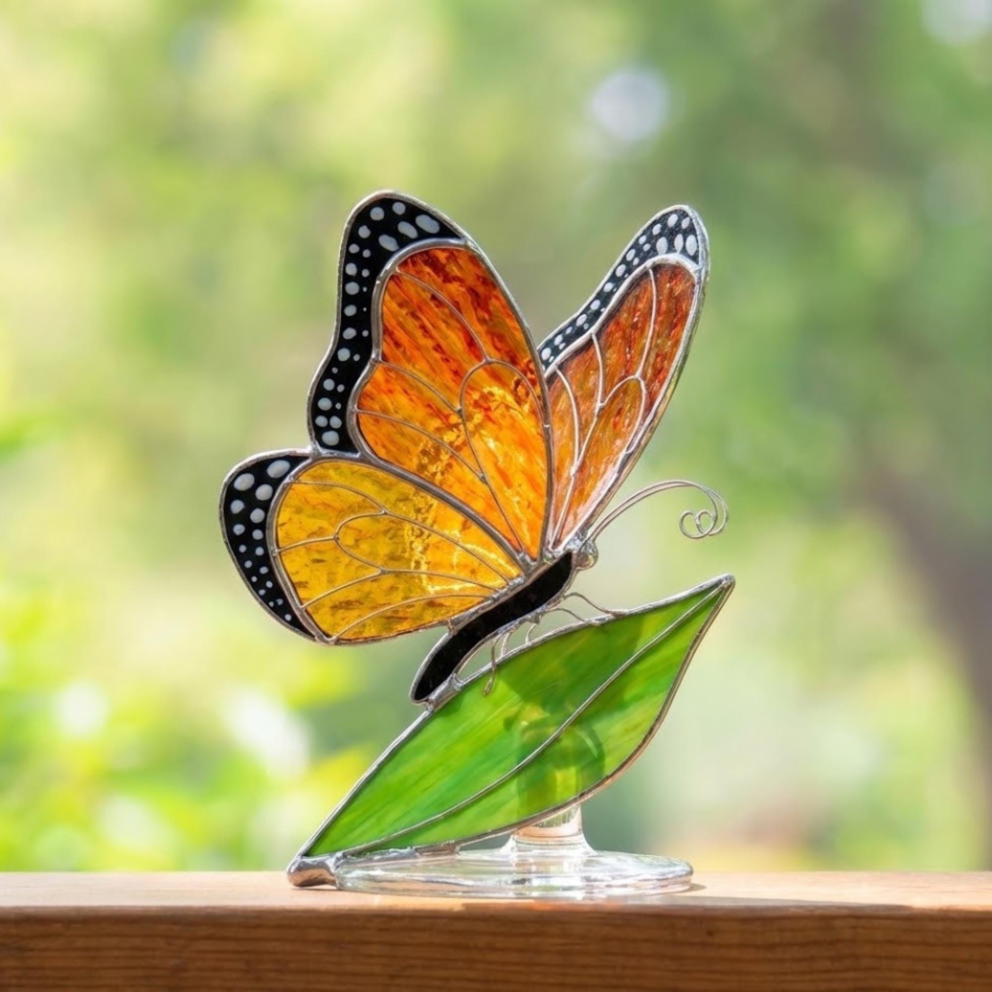 Stained glass monarch butterfly suncatcher, orange and black window hanging, nature lover gift, memorial ornament decor.