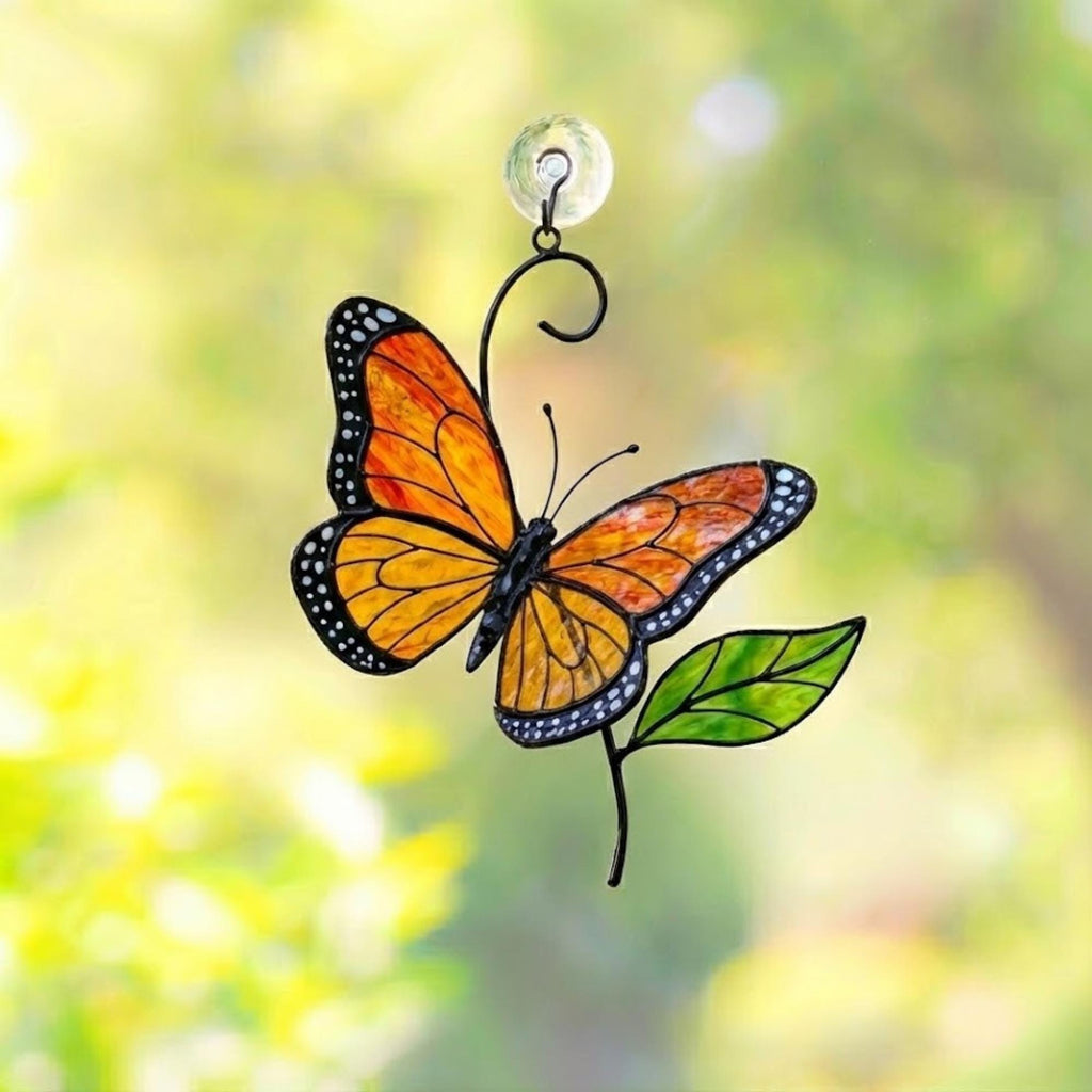 Stained glass monarch butterfly suncatcher, orange and black window hanging, nature lover gift, memorial ornament decor.