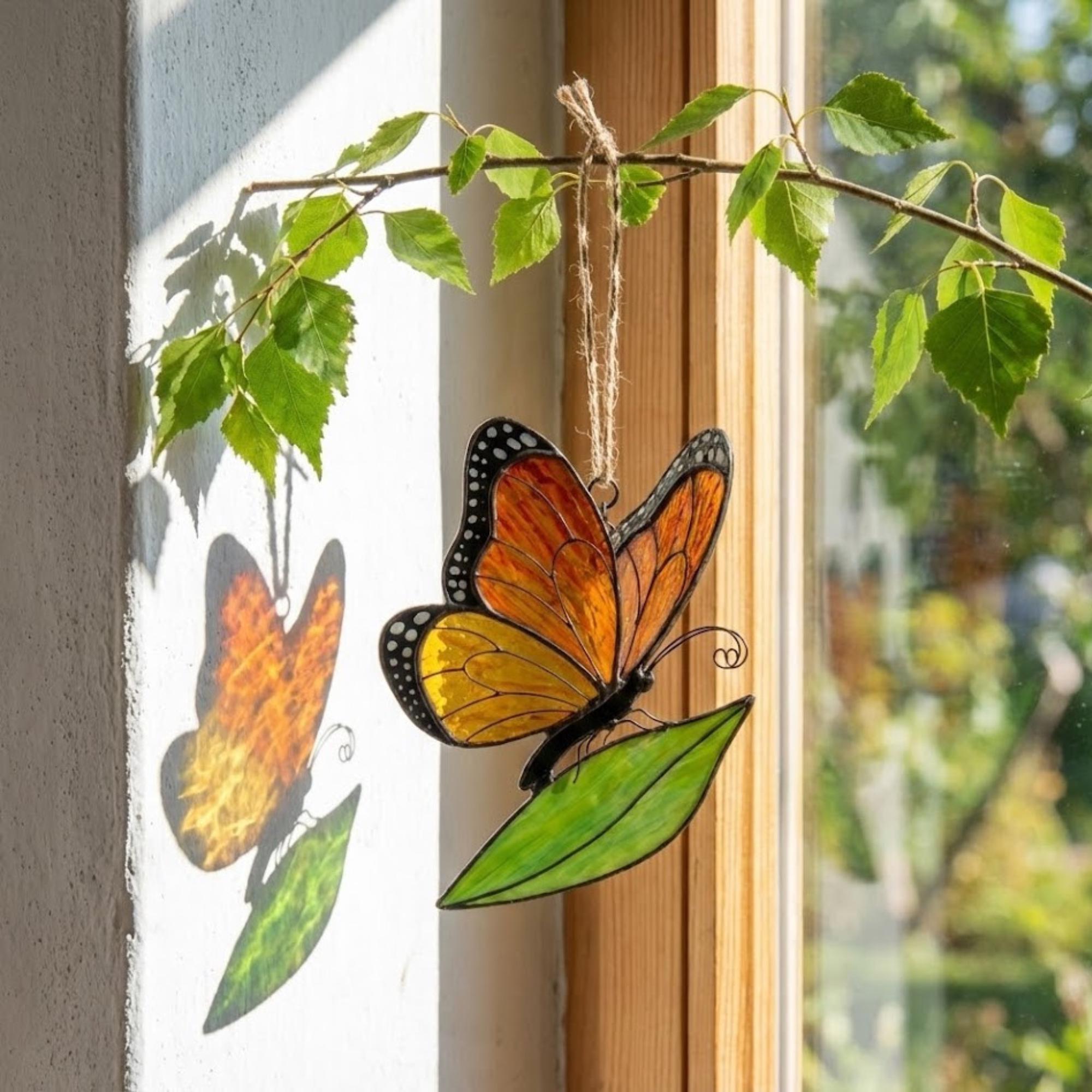 Stained glass monarch butterfly suncatcher, orange and black window hanging, nature lover gift, memorial ornament decor.
