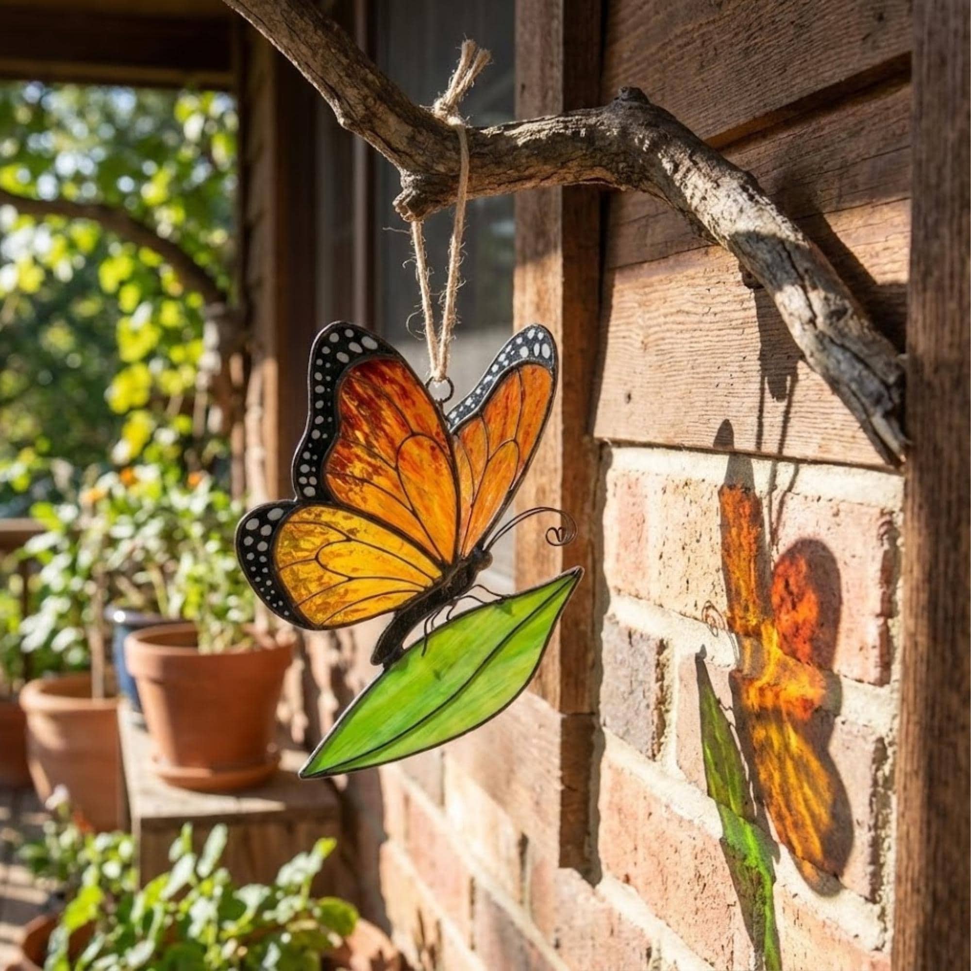 Stained glass monarch butterfly suncatcher, orange and black window hanging, nature lover gift, memorial ornament decor.