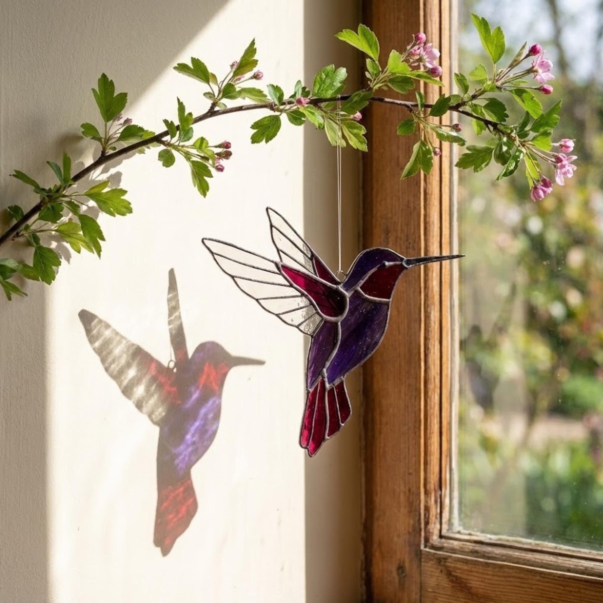 Stained glass hummingbird suncatcher, colorful bird window hanging, spring decor gift for mom, sympathy memorial ornament.