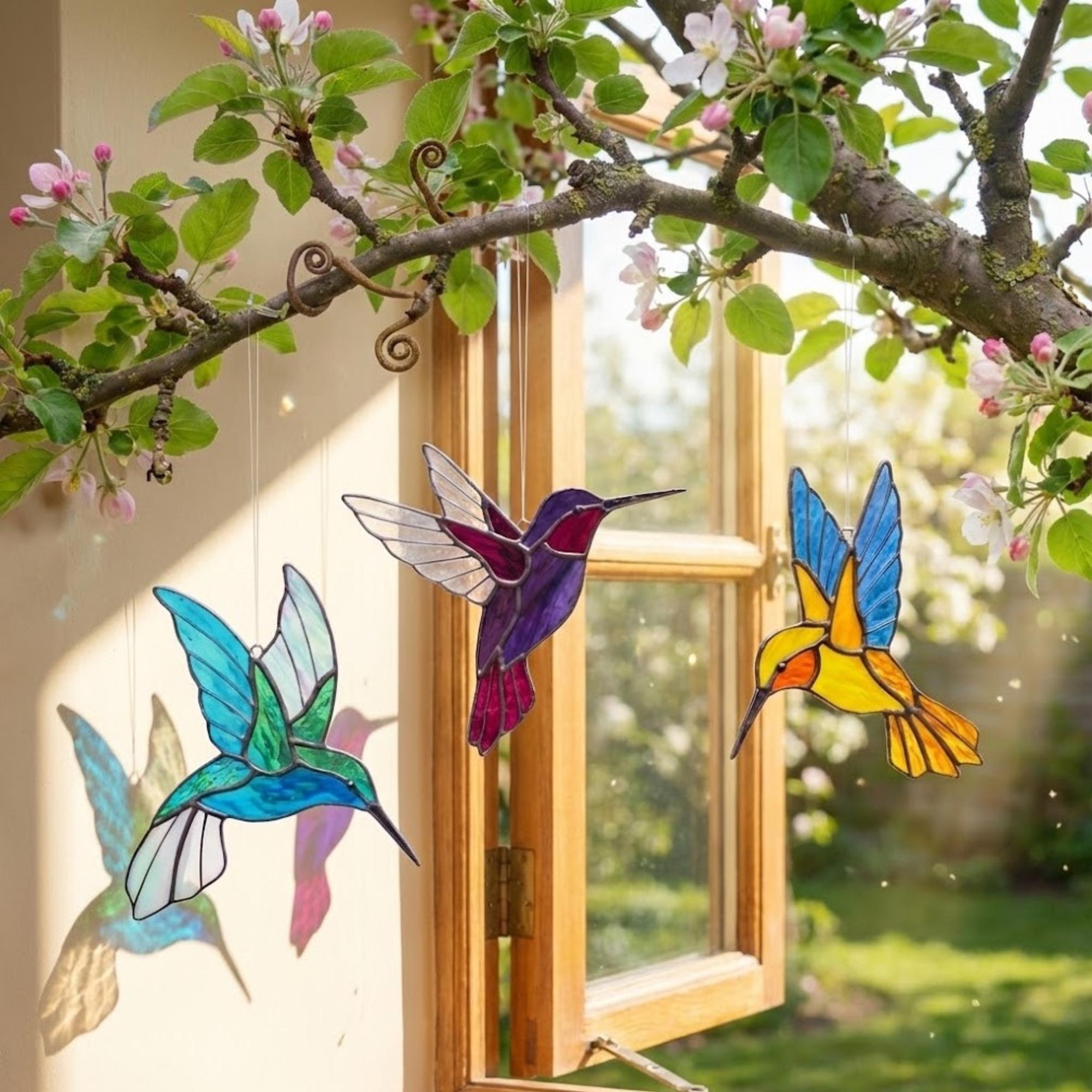 Stained glass hummingbird suncatcher, colorful bird window hanging, spring decor gift for mom, sympathy memorial ornament.