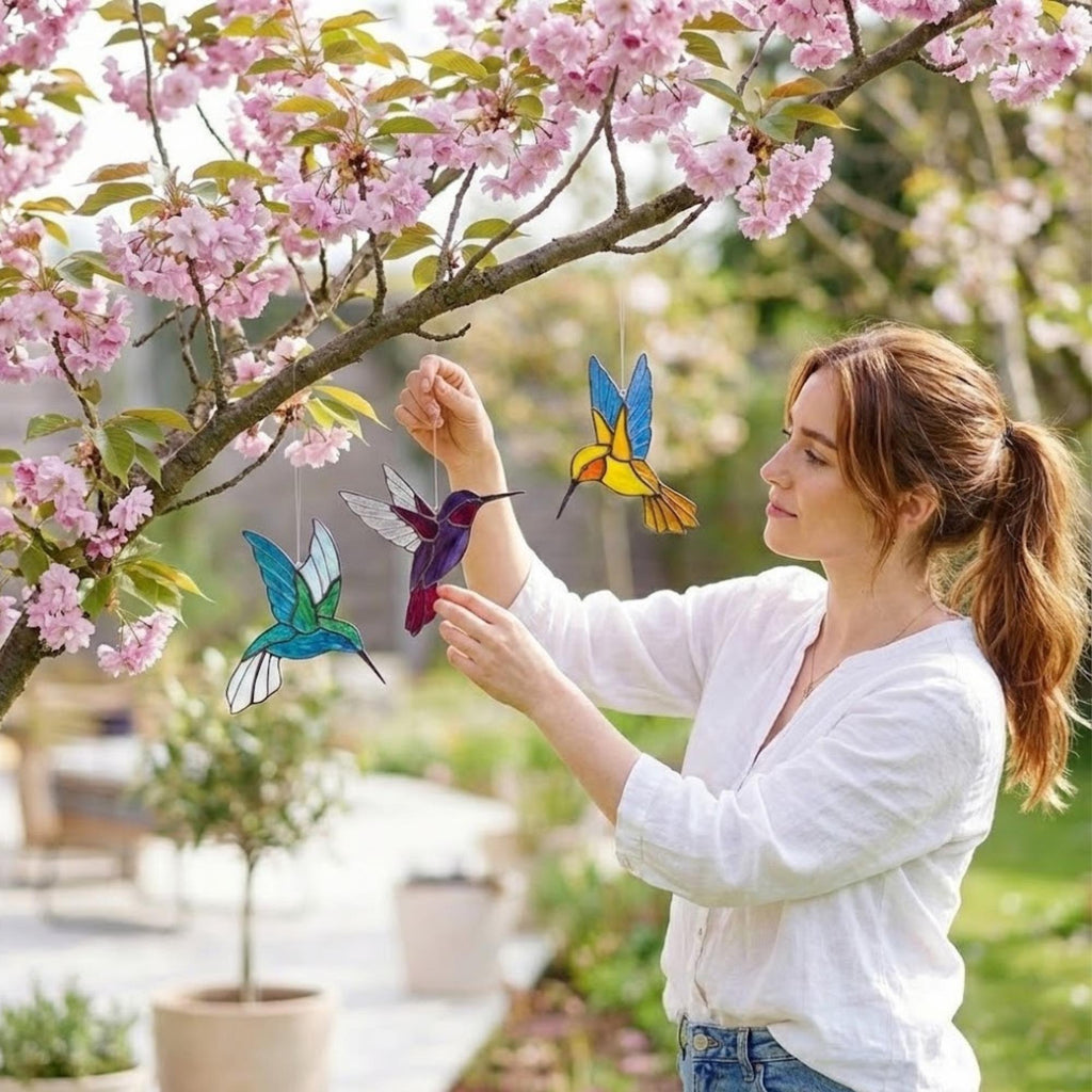 Stained glass hummingbird suncatcher, colorful bird window hanging, spring decor gift for mom, sympathy memorial ornament.