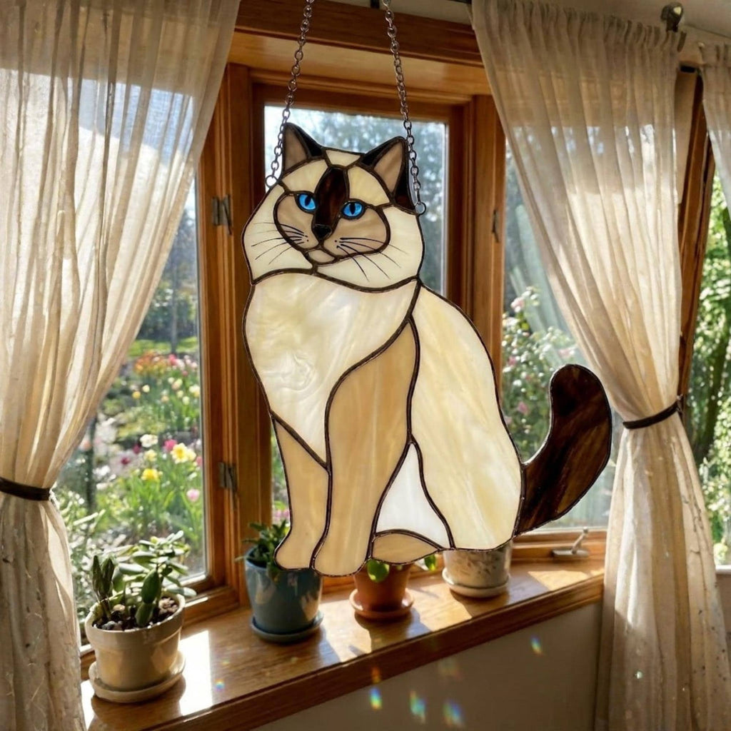 Stained Glass Ragdoll Cat Suncatcher with Wood Stand | Blue Eyes Siamese Cat Memorial Gift | Pet Loss Sympathy Gift for Mom | Desk Decor