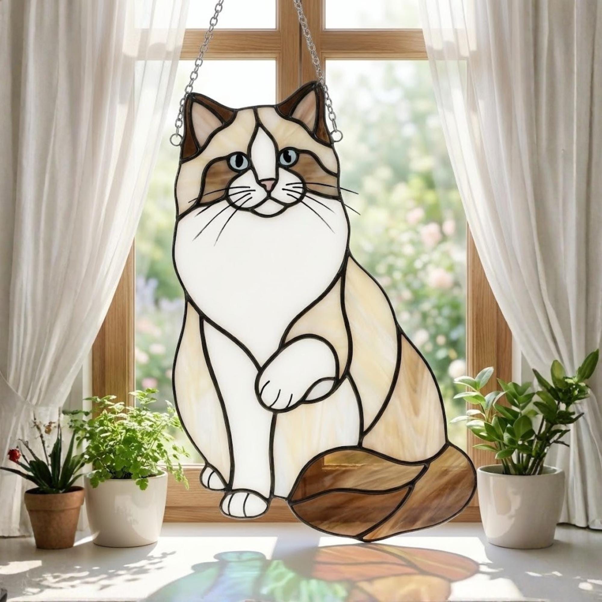 Stained Glass Ragdoll Cat Suncatcher with Wood Stand | Blue Eyes Siamese Cat Memorial Gift | Pet Loss Sympathy Gift for Mom | Desk Decor