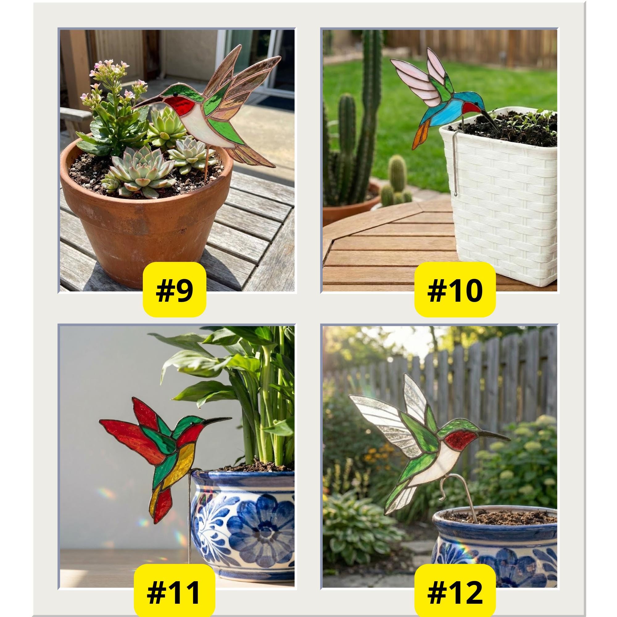 Vibrant stained glass butterfly plant stake with monarch orange and blue morpho wings patterns, inserted in indoor flower pot catching sunlight.