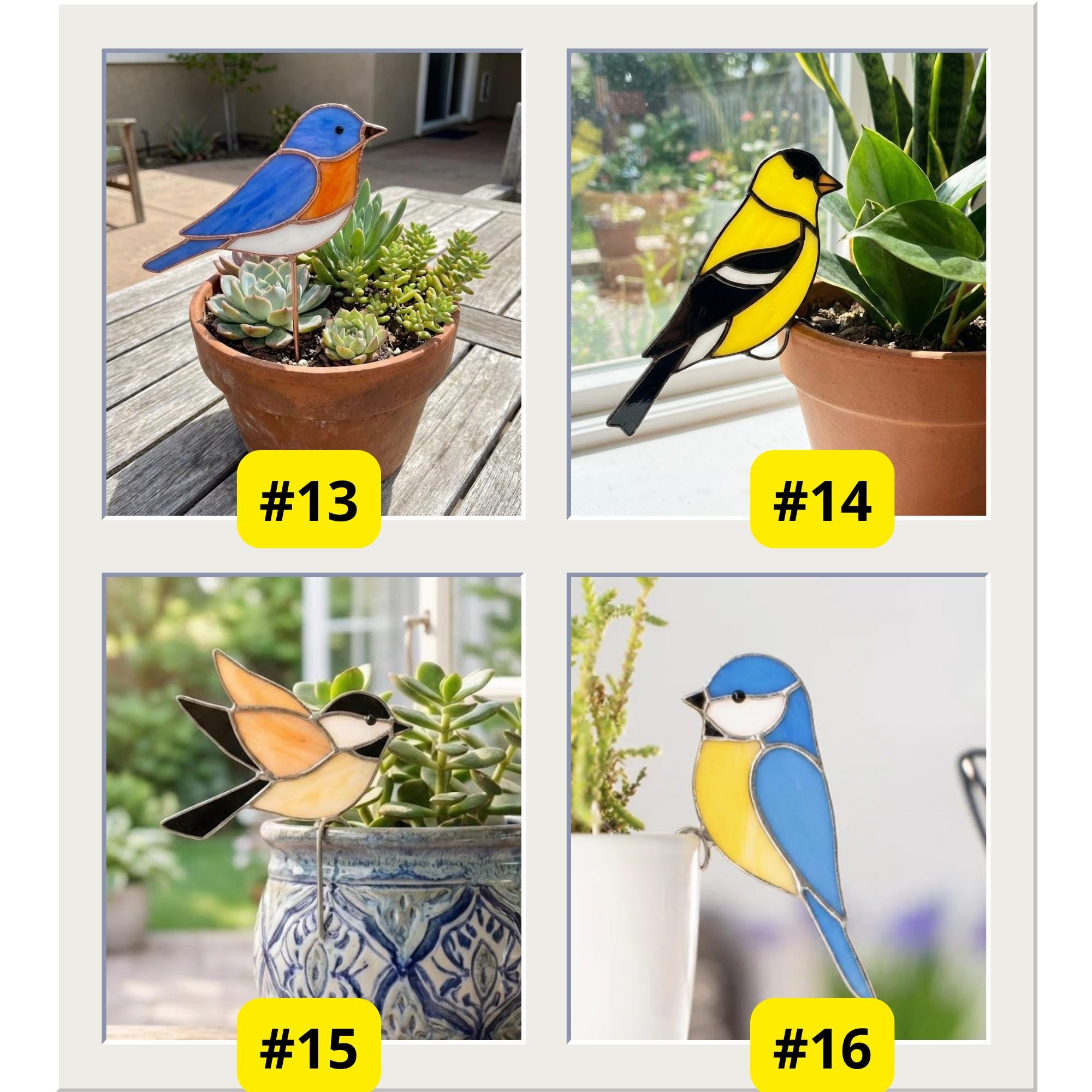 Vibrant stained glass butterfly plant stake with monarch orange and blue morpho wings patterns, inserted in indoor flower pot catching sunlight.