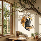 Stained glass black cat on crescent moon suncatcher, celestial window hanging with star, witchy decor and pet memorial gift.