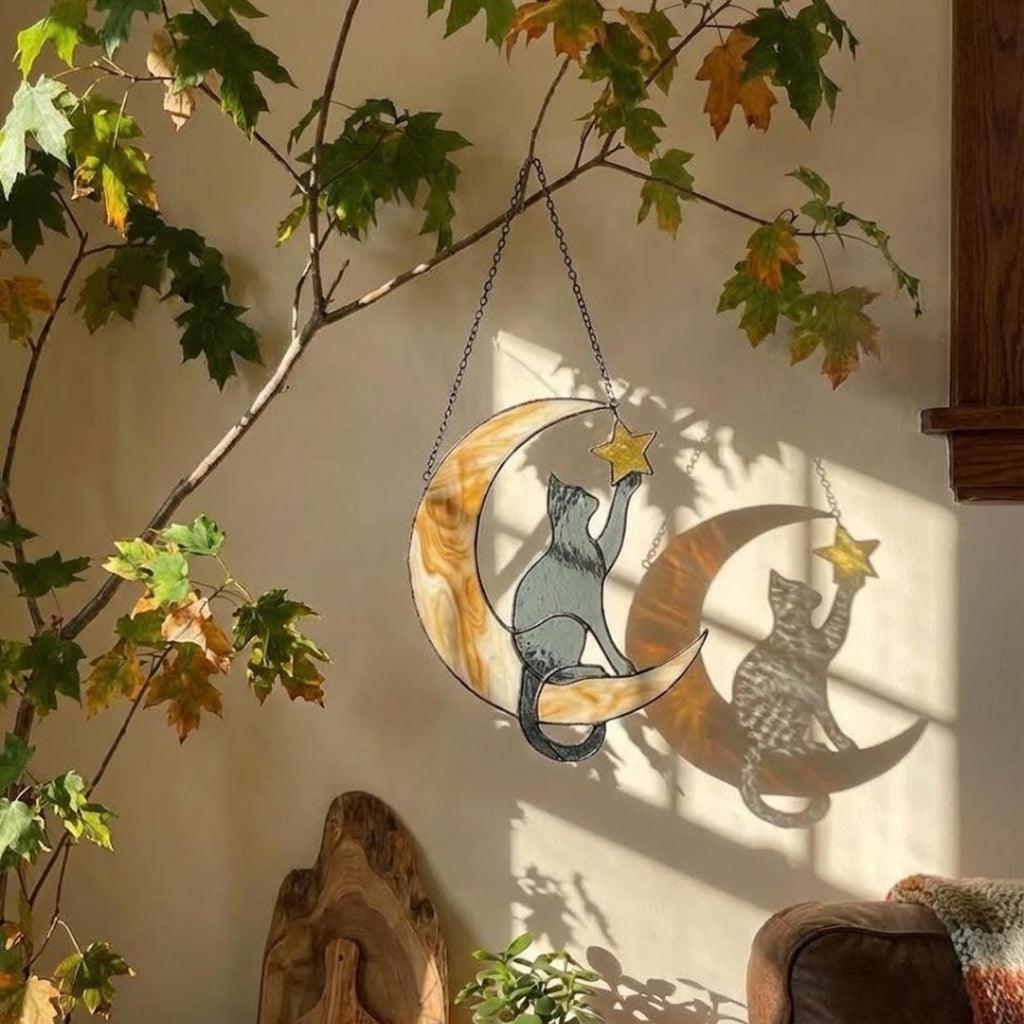 Stained glass black cat on crescent moon suncatcher, celestial window hanging with star, witchy decor and pet memorial gift.