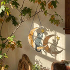 Stained glass black cat on crescent moon suncatcher, celestial window hanging with star, witchy decor and pet memorial gift.