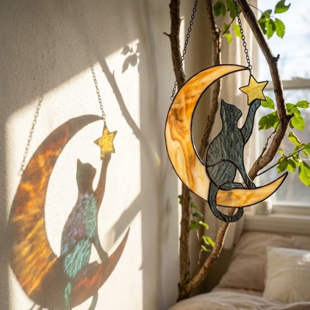 Stained glass black cat on crescent moon suncatcher, celestial window hanging with star, witchy decor and pet memorial gift.