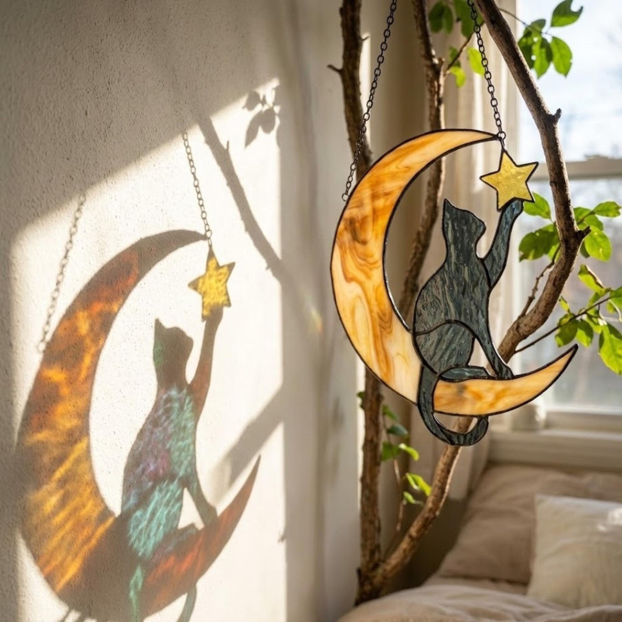 Stained glass black cat on crescent moon suncatcher, celestial window hanging with star, witchy decor and pet memorial gift.