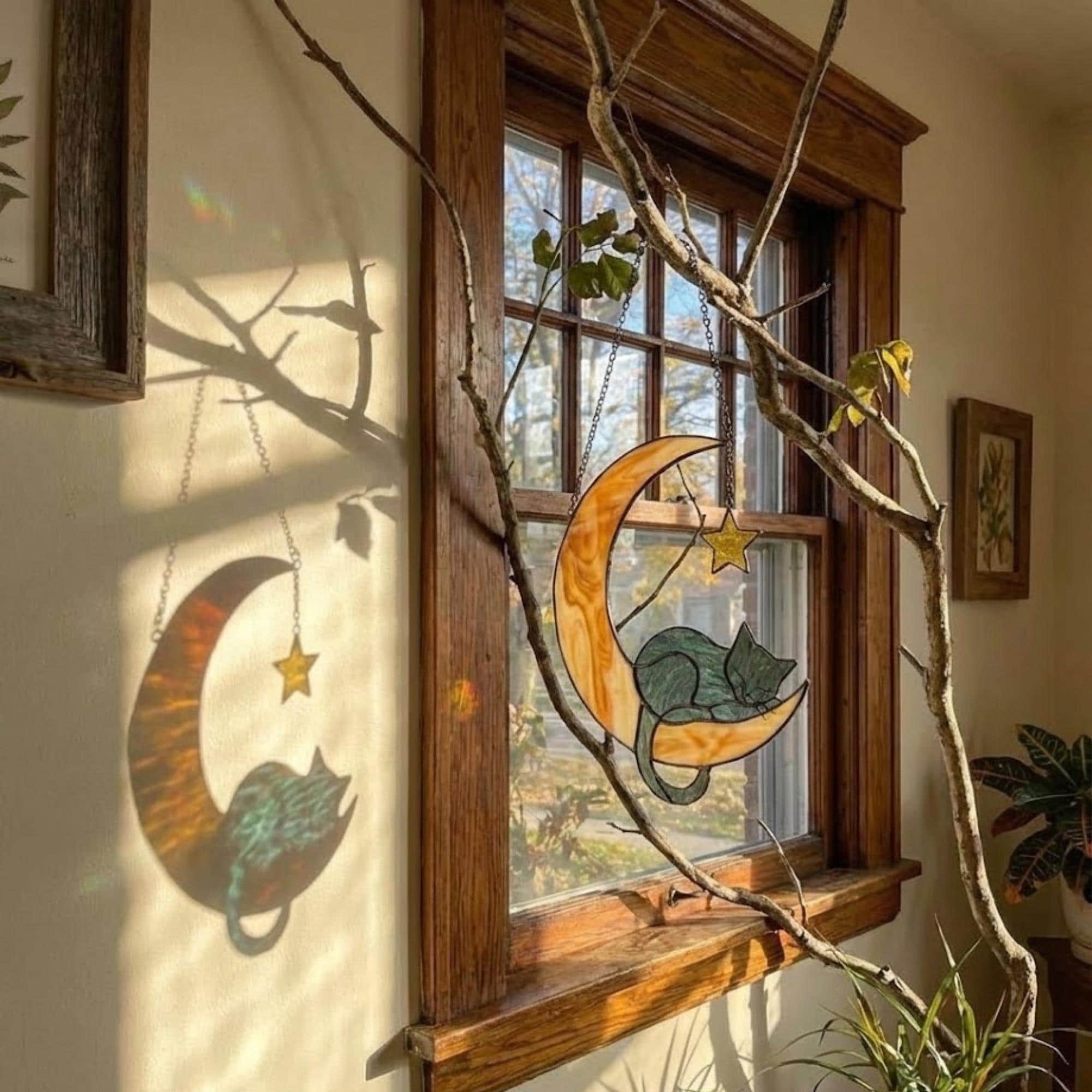 Stained glass black cat on crescent moon suncatcher, celestial window hanging with star, witchy decor and pet memorial gift.