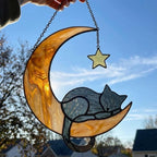 Stained glass black cat on crescent moon suncatcher, celestial window hanging with star, witchy decor and pet memorial gift.