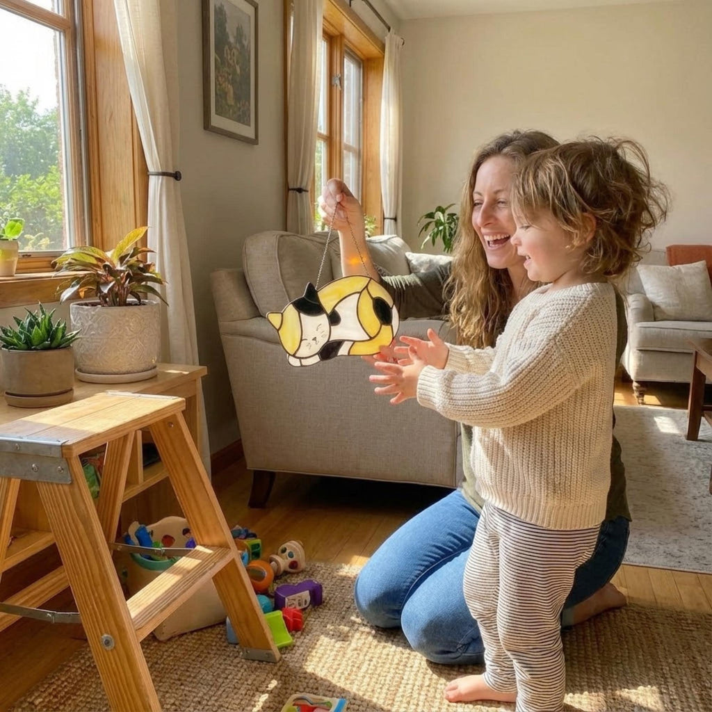 Stained Glass Sleeping Cat Suncatcher with Wood Stand | Orange Tabby Tuxedo Pet Memorial Gift | Loss Sympathy Gift for Mom | Window Decor