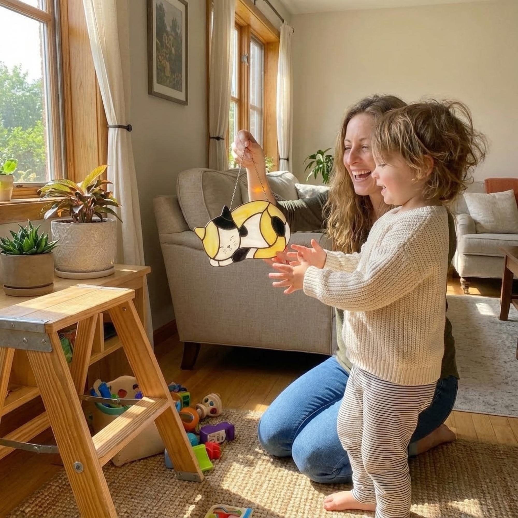 Stained Glass Sleeping Cat Suncatcher with Wood Stand | Orange Tabby Tuxedo Pet Memorial Gift | Loss Sympathy Gift for Mom | Window Decor