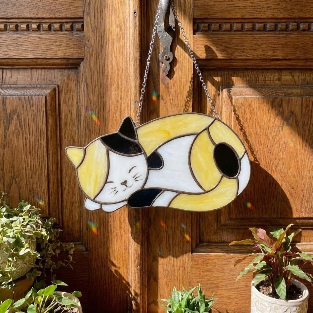 Stained Glass Sleeping Cat Suncatcher with Wood Stand | Orange Tabby Tuxedo Pet Memorial Gift | Loss Sympathy Gift for Mom | Window Decor