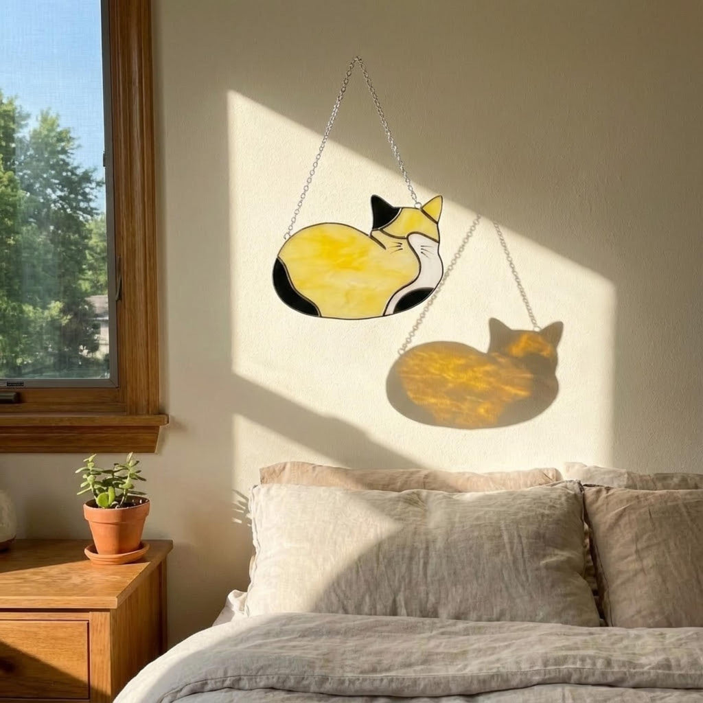 Stained Glass Sleeping Cat Suncatcher with Wood Stand | Orange Tabby Tuxedo Pet Memorial Gift | Loss Sympathy Gift for Mom | Window Decor