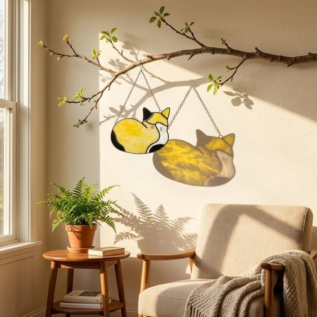 Stained Glass Sleeping Cat Suncatcher with Wood Stand | Orange Tabby Tuxedo Pet Memorial Gift | Loss Sympathy Gift for Mom | Window Decor
