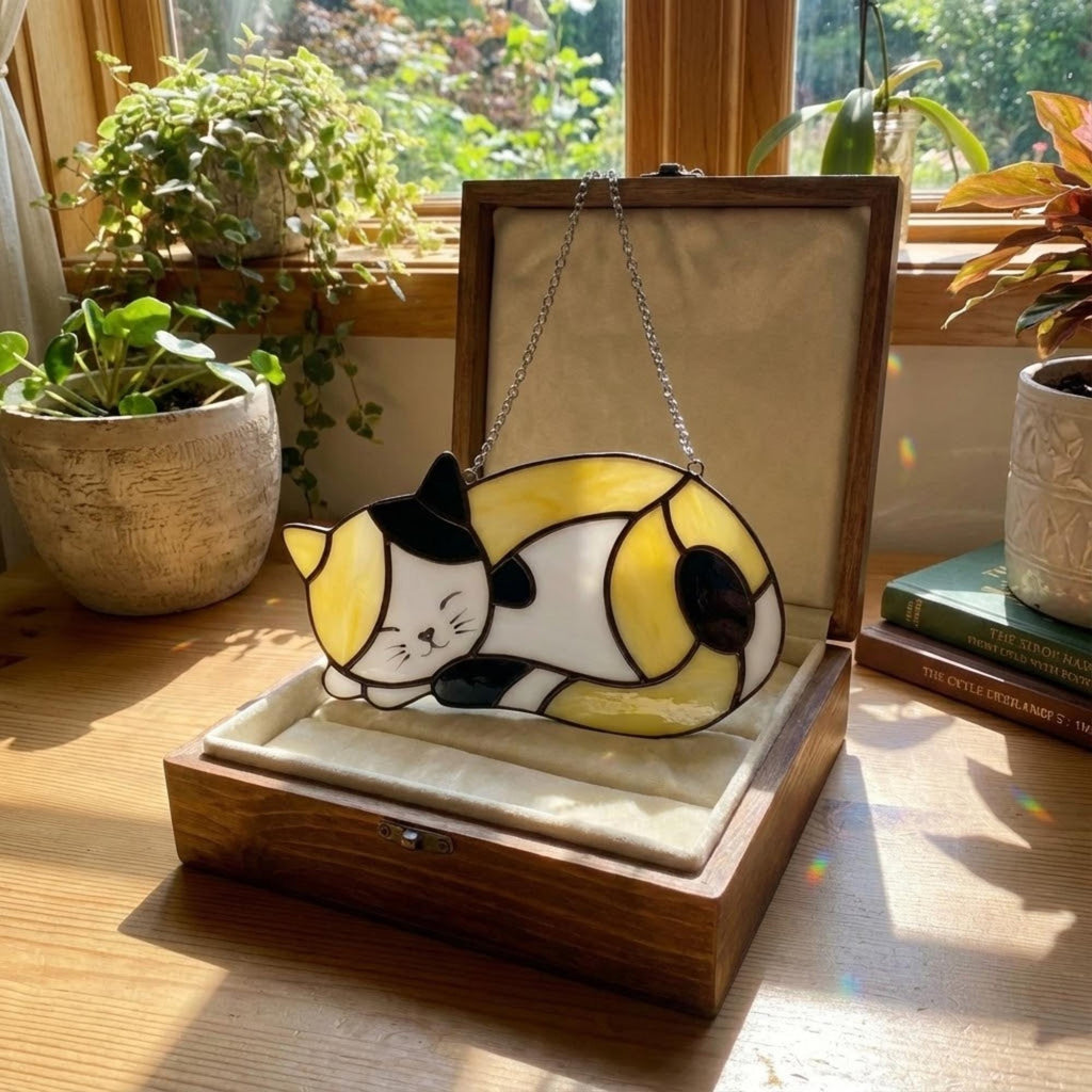 Stained Glass Sleeping Cat Suncatcher with Wood Stand | Orange Tabby Tuxedo Pet Memorial Gift | Loss Sympathy Gift for Mom | Window Decor