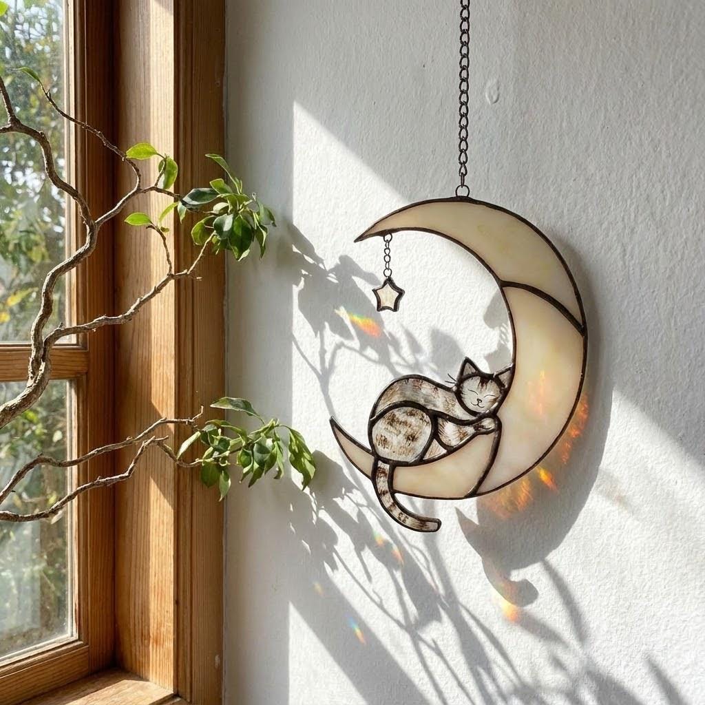 Stained glass black cat on crescent moon suncatcher, celestial window hanging with star, witchy decor and pet memorial gift.
