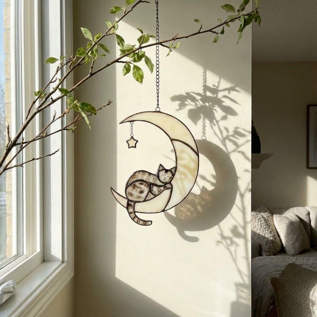 Stained glass black cat on crescent moon suncatcher, celestial window hanging with star, witchy decor and pet memorial gift.