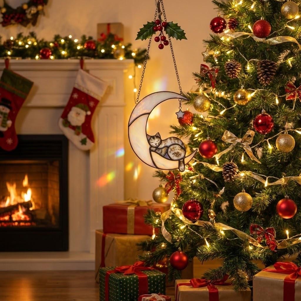 Stained glass black cat on crescent moon suncatcher, celestial window hanging with star, witchy decor and pet memorial gift.