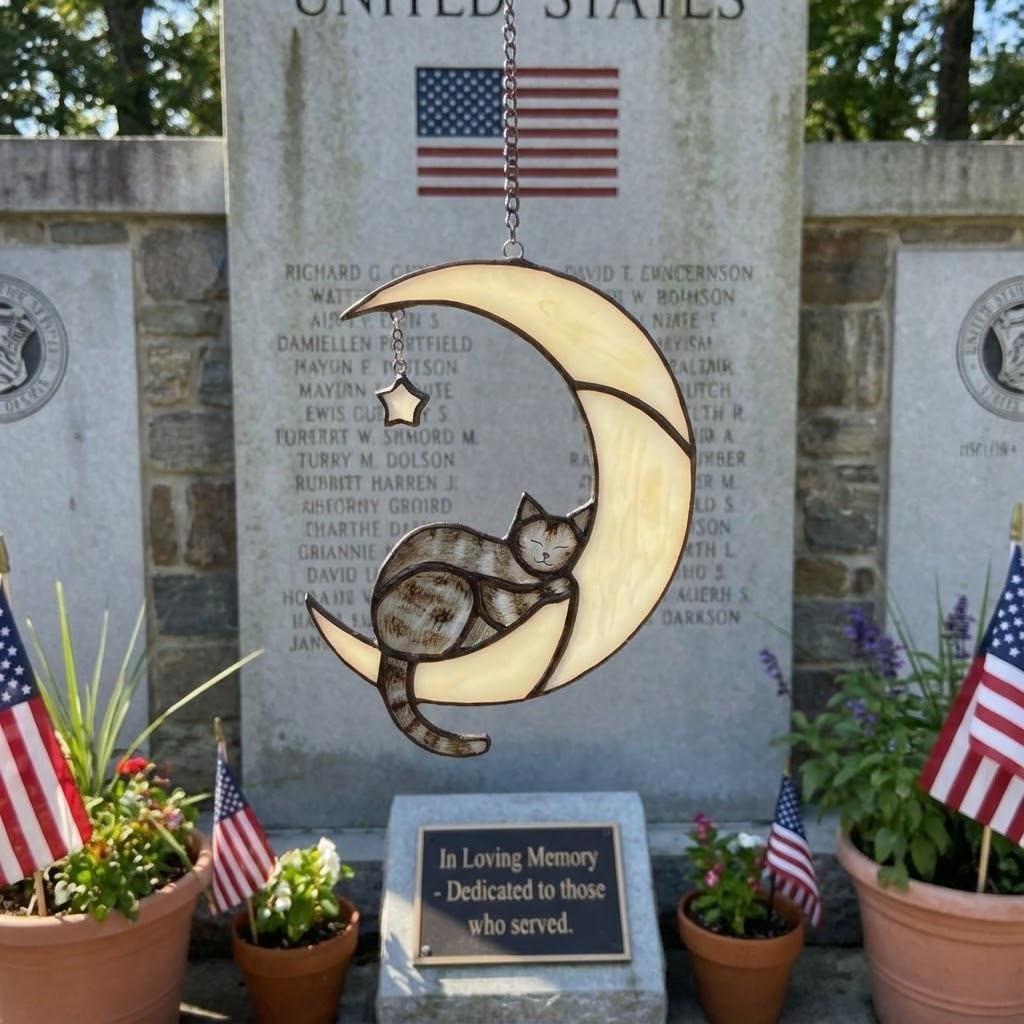 Stained glass black cat on crescent moon suncatcher, celestial window hanging with star, witchy decor and pet memorial gift.