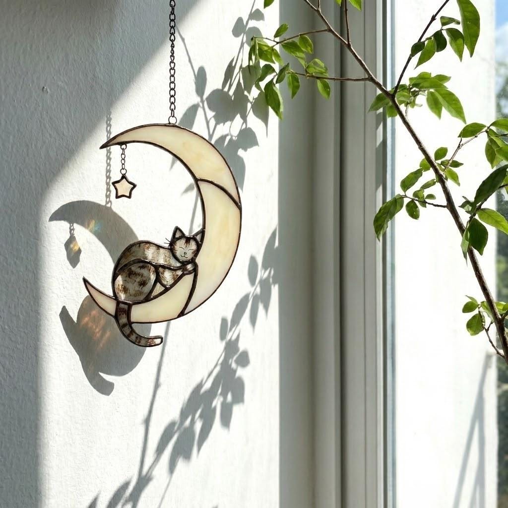 Stained glass black cat on crescent moon suncatcher, celestial window hanging with star, witchy decor and pet memorial gift.