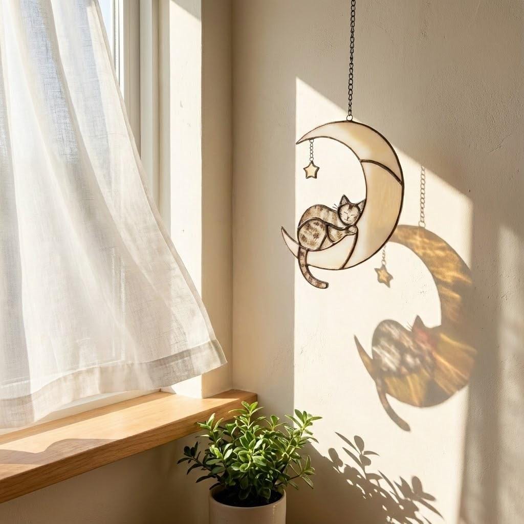 Stained glass black cat on crescent moon suncatcher, celestial window hanging with star, witchy decor and pet memorial gift.