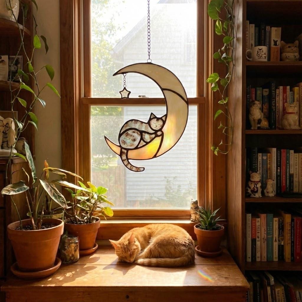 Stained glass black cat on crescent moon suncatcher, celestial window hanging with star, witchy decor and pet memorial gift.