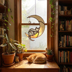 Stained glass black cat on crescent moon suncatcher, celestial window hanging with star, witchy decor and pet memorial gift.
