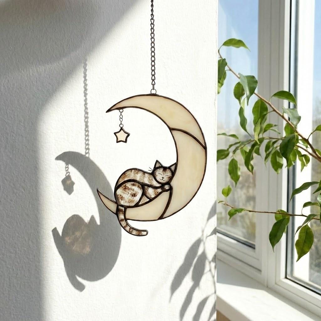 Stained glass black cat on crescent moon suncatcher, celestial window hanging with star, witchy decor and pet memorial gift.