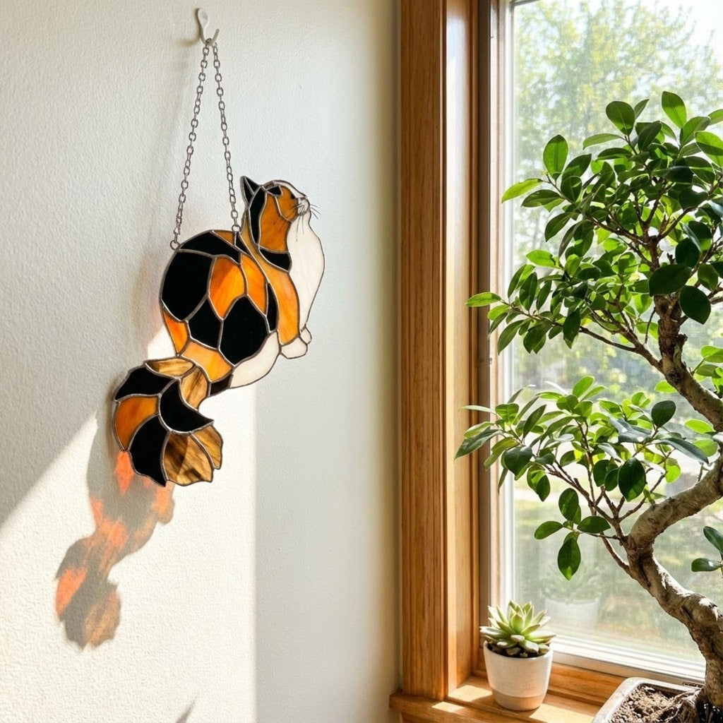Stained glass Calico cat suncatcher with orange black and white patches, available in sitting and sleeping poses, window hanging or wood stand decor.