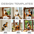 Stained glass Calico cat suncatcher with orange black and white patches, available in sitting and sleeping poses, window hanging or wood stand decor.