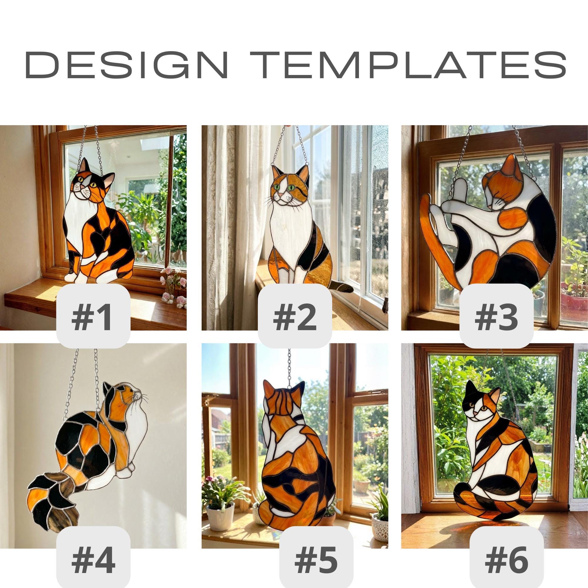 Stained glass Calico cat suncatcher with orange black and white patches, available in sitting and sleeping poses, window hanging or wood stand decor.