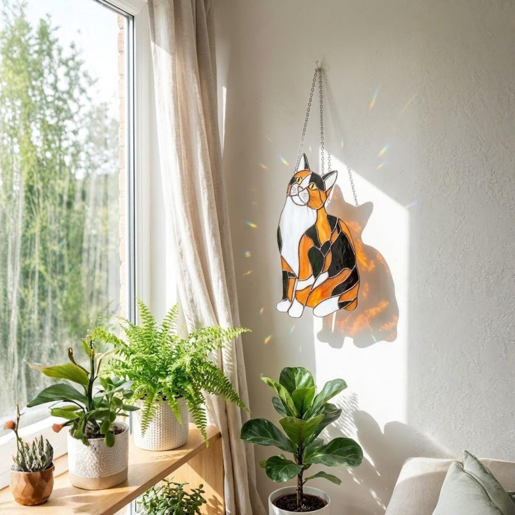 Stained glass Calico cat suncatcher with orange black and white patches, available in sitting and sleeping poses, window hanging or wood stand decor.