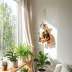 Stained glass Calico cat suncatcher with orange black and white patches, available in sitting and sleeping poses, window hanging or wood stand decor.