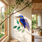 Vibrant stained glass Kingfisher bird suncatcher with blue wings and orange chest perched on a branch, displayed as window hanging or table decor.