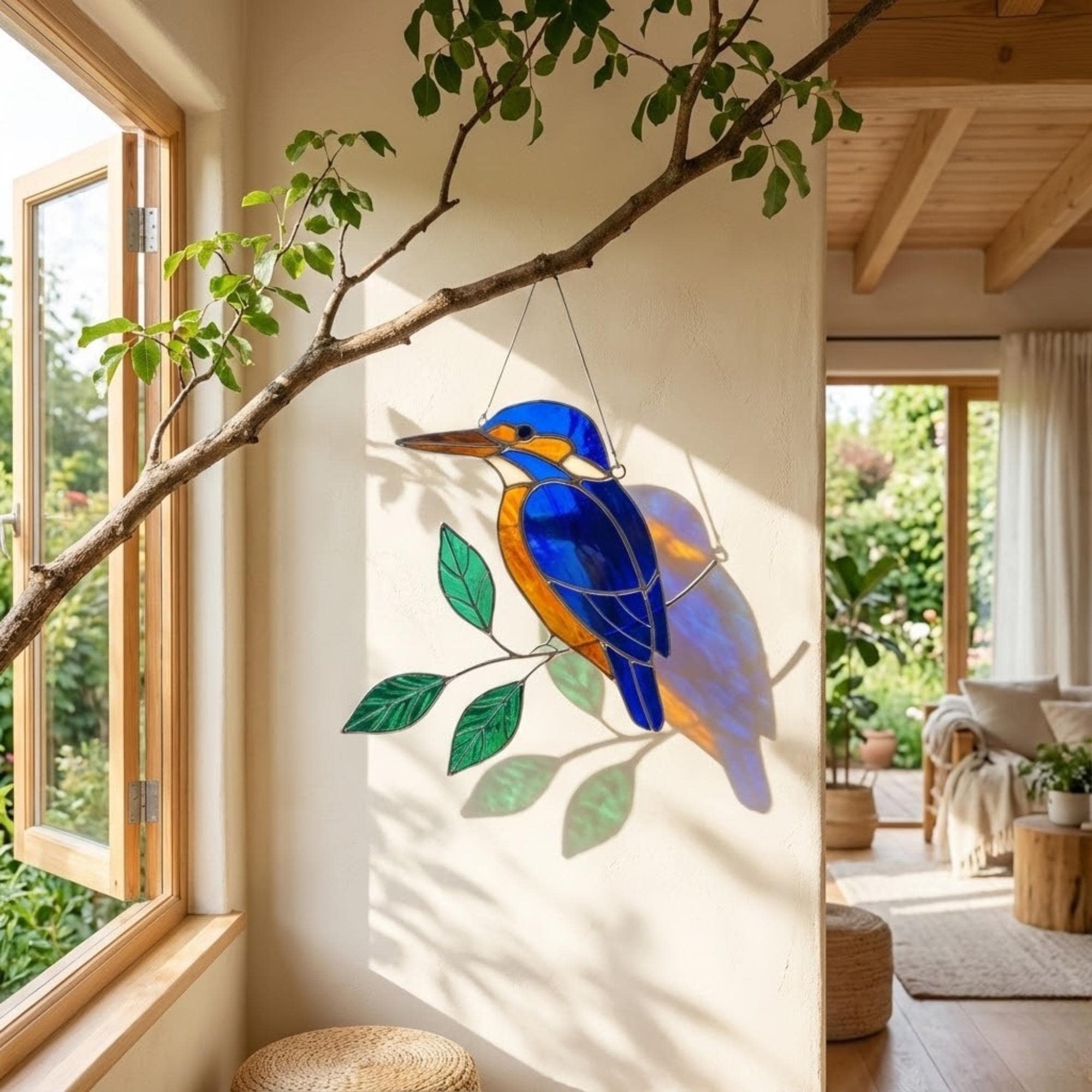 Vibrant stained glass Kingfisher bird suncatcher with blue wings and orange chest perched on a branch, displayed as window hanging or table decor.