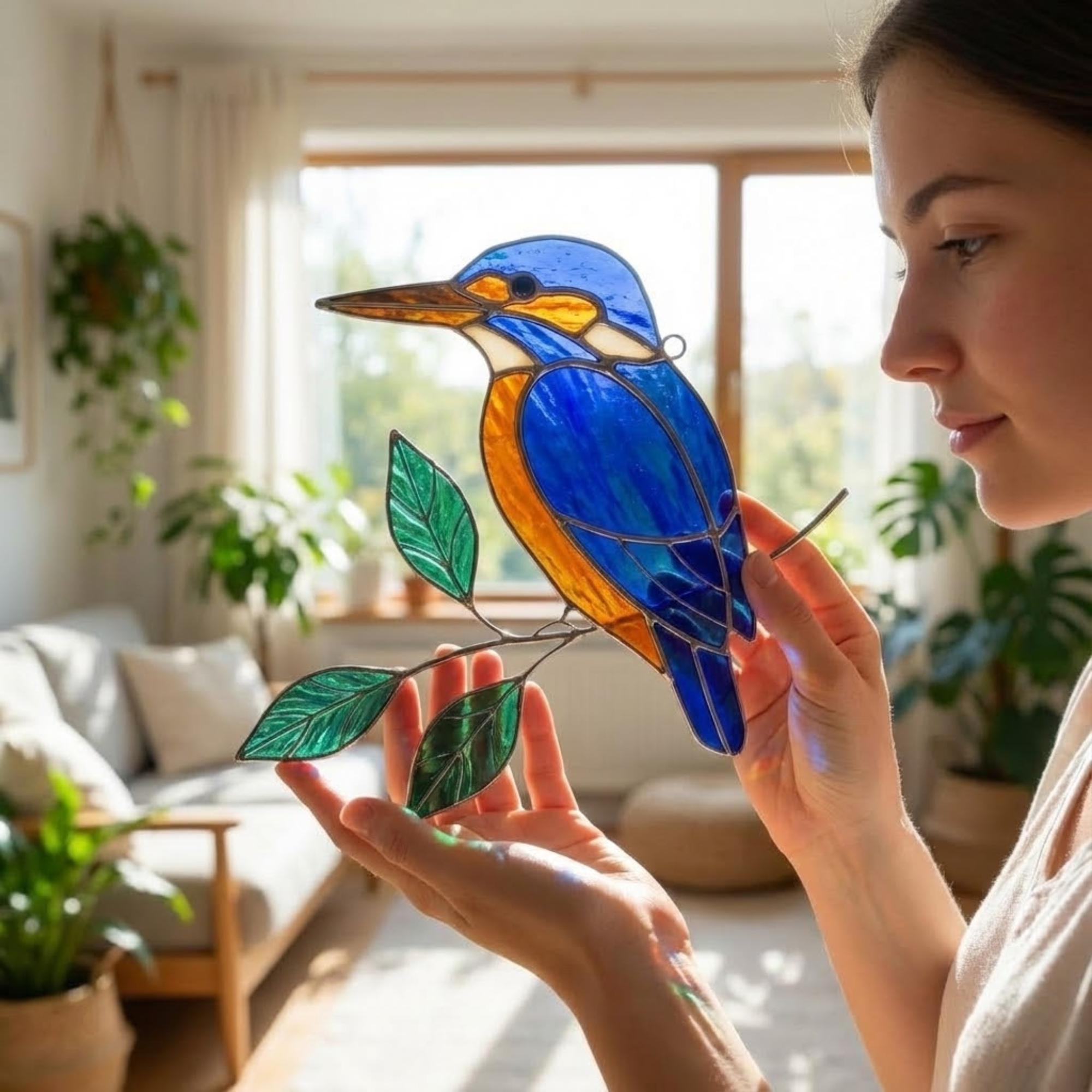 Vibrant stained glass Kingfisher bird suncatcher with blue wings and orange chest perched on a branch, displayed as window hanging or table decor.