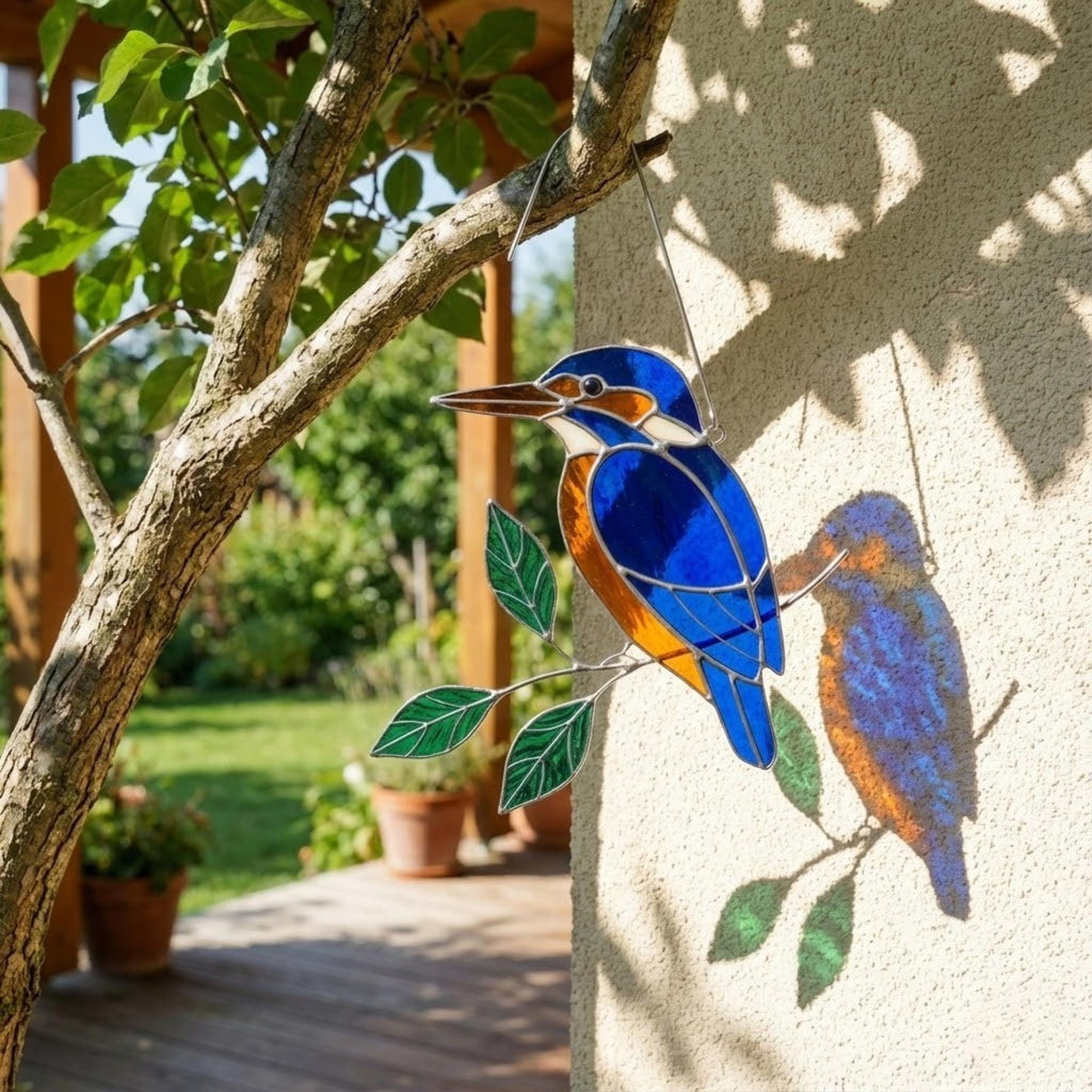 Vibrant stained glass Kingfisher bird suncatcher with blue wings and orange chest perched on a branch, displayed as window hanging or table decor.