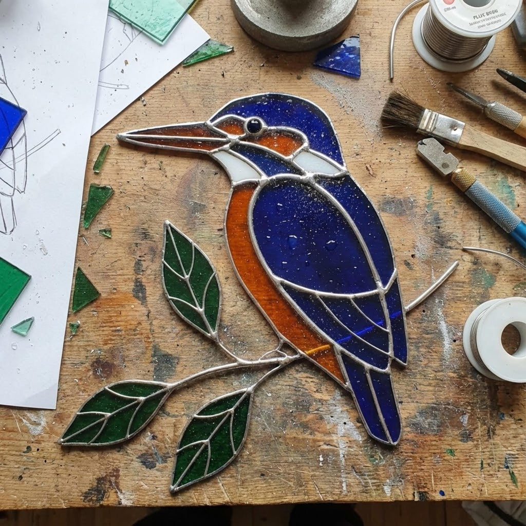 Vibrant stained glass Kingfisher bird suncatcher with blue wings and orange chest perched on a branch, displayed as window hanging or table decor.